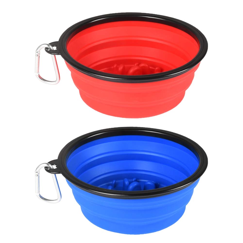 Large Collapsible Dog Bowls, 34oz Travel Water Food Bowls Portable Foldable Collapse Dishes with Carabiner Clip, 2 Pack (Blue + Red)