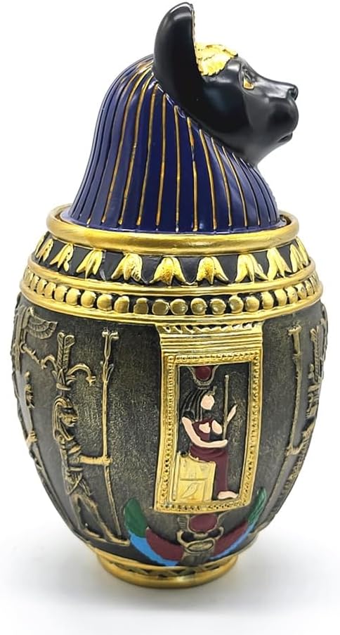 Handcrafted Egyptian Anubis Cat Pet Urns - Cremation Keepsake for Dog & Cat Ashes, Pet Loss Remembrance Gift with Hieroglyphic Design, Funeral Sympathy Resin Sculpture (Black & Gold)