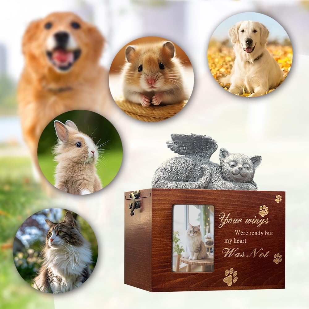 Solid Wood Pet Urn for Cat Ashes Box with Picture Black Funeral Cremation Box for Cat Wooden Keepsake with Black Flannel Lining for Loss of Cat or Dog Remembrance Gift (Cat Urn-Red Brown, Medium)
