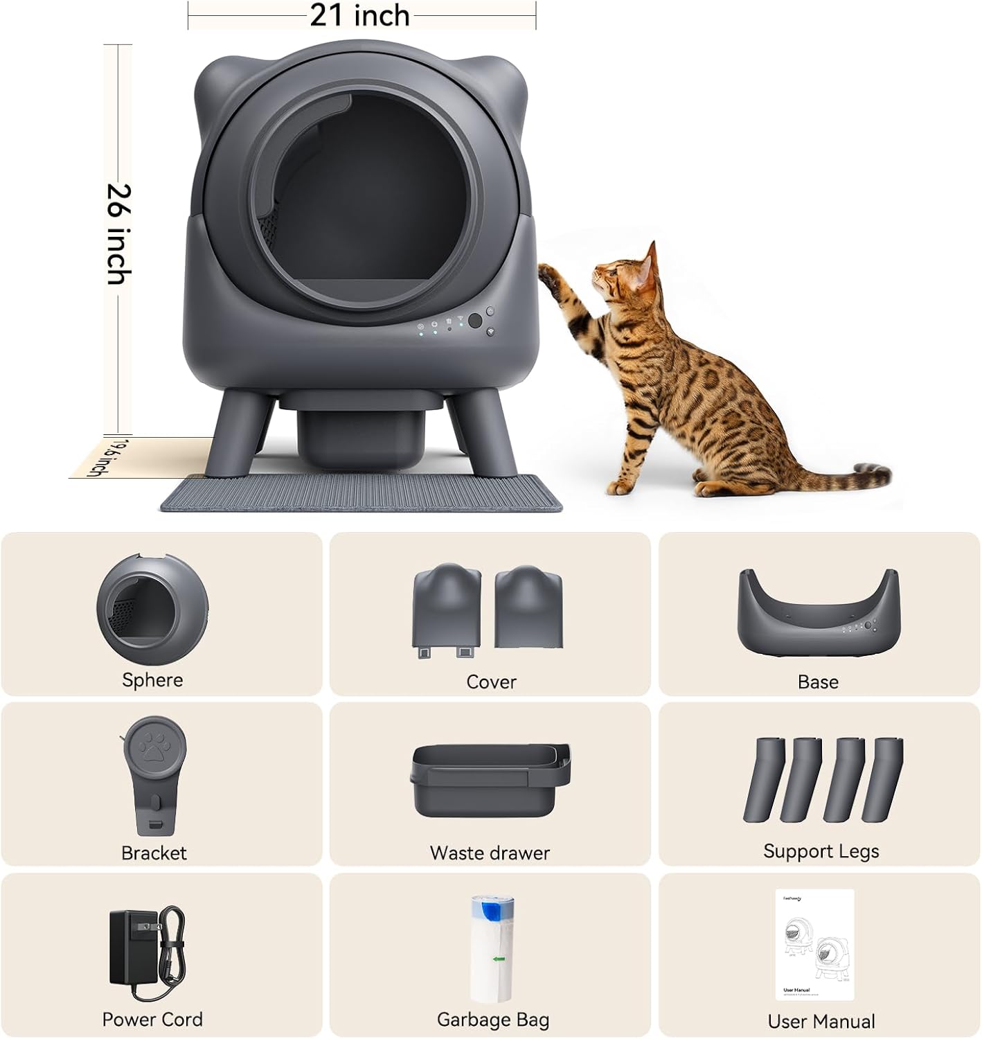 Self Cleaning Litter Box, Automatic Litter Box, FEELNEEDY Odor Control Litter Robot, Cat Ears Design, 65L APP Real-Time Monitor, Cat Litter-Boxs for Multiple Cats, Safety Sensors, with 1 Trash Bag