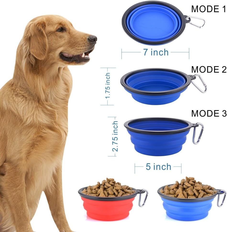 Large Collapsible Dog Bowls, 34oz Travel Water Food Bowls Portable Foldable Collapse Dishes with Carabiner Clip, 2 Pack (Blue + Red)
