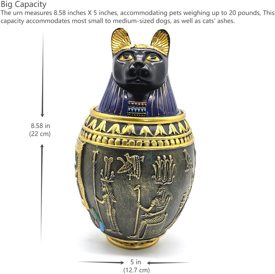 Handcrafted Egyptian Anubis Cat Pet Urns - Cremation Keepsake for Dog & Cat Ashes, Pet Loss Remembrance Gift with Hieroglyphic Design, Funeral Sympathy Resin Sculpture (Black & Gold)