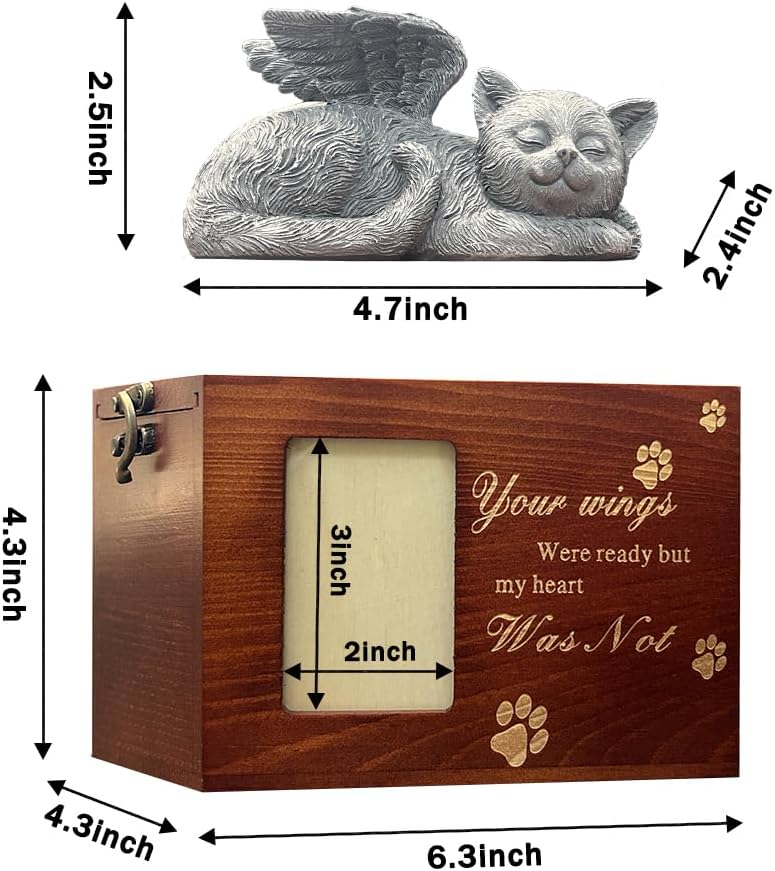 Solid Wood Pet Urn for Cat Ashes Box with Picture Black Funeral Cremation Box for Cat Wooden Keepsake with Black Flannel Lining for Loss of Cat or Dog Remembrance Gift (Cat Urn-Red Brown, Medium)