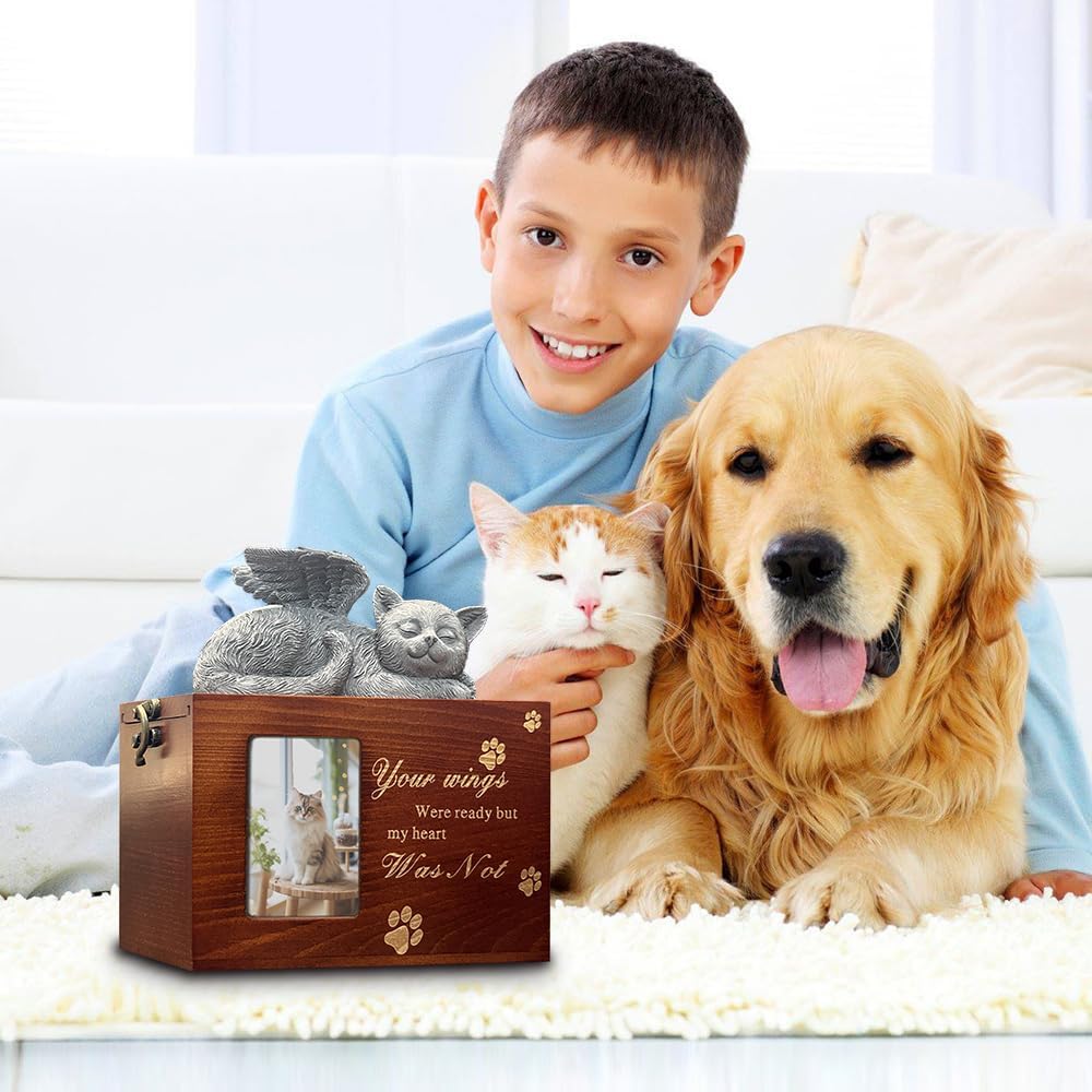 Solid Wood Pet Urn for Cat Ashes Box with Picture Black Funeral Cremation Box for Cat Wooden Keepsake with Black Flannel Lining for Loss of Cat or Dog Remembrance Gift (Cat Urn-Red Brown, Medium)