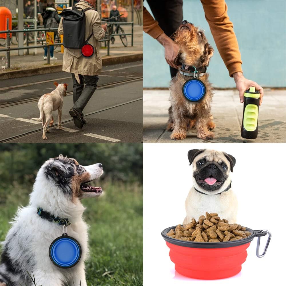 Large Collapsible Dog Bowls, 34oz Travel Water Food Bowls Portable Foldable Collapse Dishes with Carabiner Clip, 2 Pack (Blue + Red)