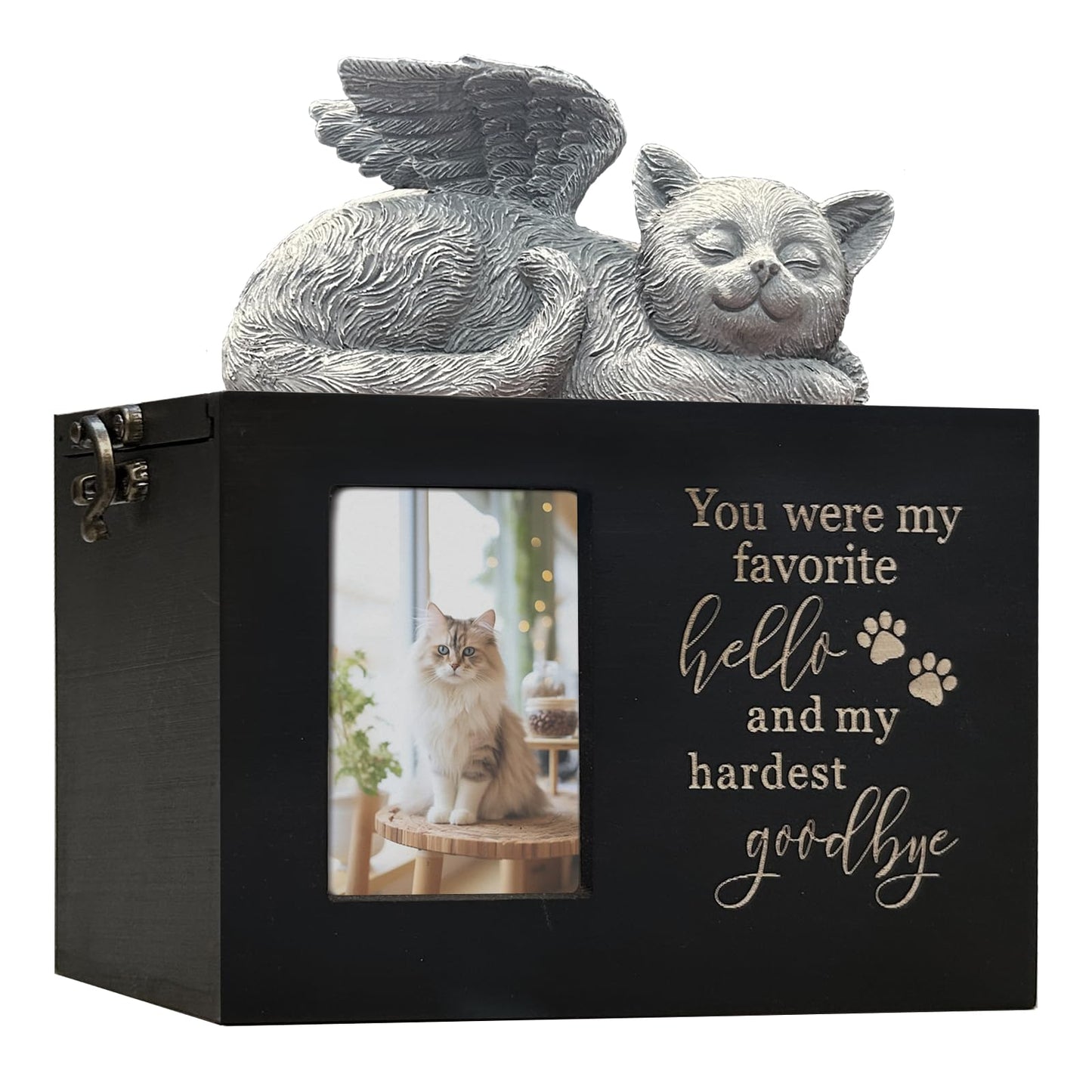 Solid Wood Pet Urn for Cat Ashes Box with Picture Black Funeral Cremation Box for Cat Wooden Keepsake with Black Flannel Lining for Loss of Cat or Dog Remembrance Gift (Cat Urn-Red Brown, Medium)
