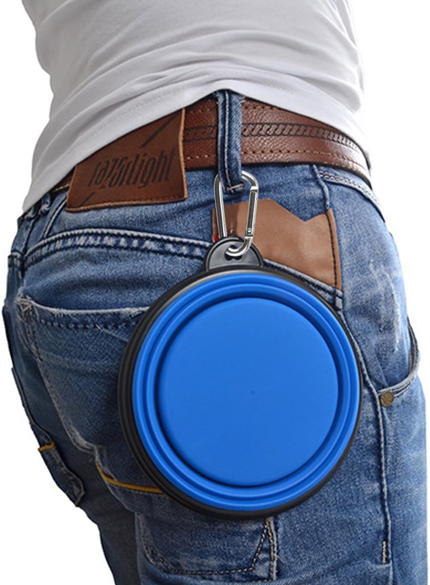 Large Collapsible Dog Bowls, 34oz Travel Water Food Bowls Portable Foldable Collapse Dishes with Carabiner Clip, 2 Pack (Blue + Red)