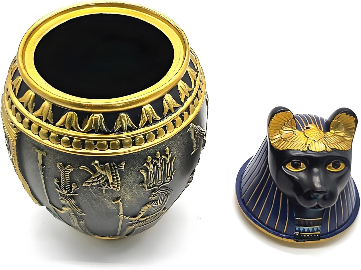 Handcrafted Egyptian Anubis Cat Pet Urns - Cremation Keepsake for Dog & Cat Ashes, Pet Loss Remembrance Gift with Hieroglyphic Design, Funeral Sympathy Resin Sculpture (Black & Gold)