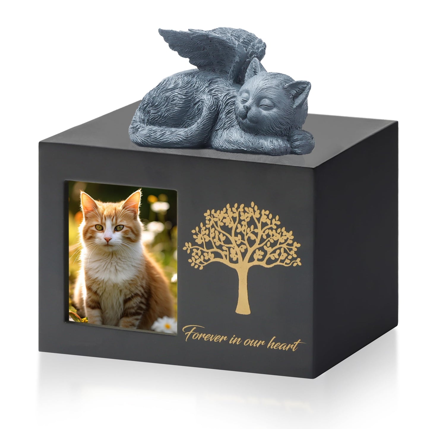 Cat Urns for Ashes, Tree Pattern Wooden Keepsake with Photo Frame, Pet Urn Memory Box with Resin Animal Statue and Sealed Storage Bags (75lbs)(White)