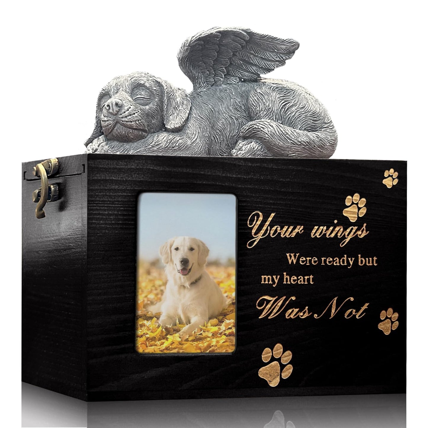 Solid Wood Pet Urn for Cat Ashes Box with Picture Black Funeral Cremation Box for Cat Wooden Keepsake with Black Flannel Lining for Loss of Cat or Dog Remembrance Gift (Cat Urn-Red Brown, Medium)