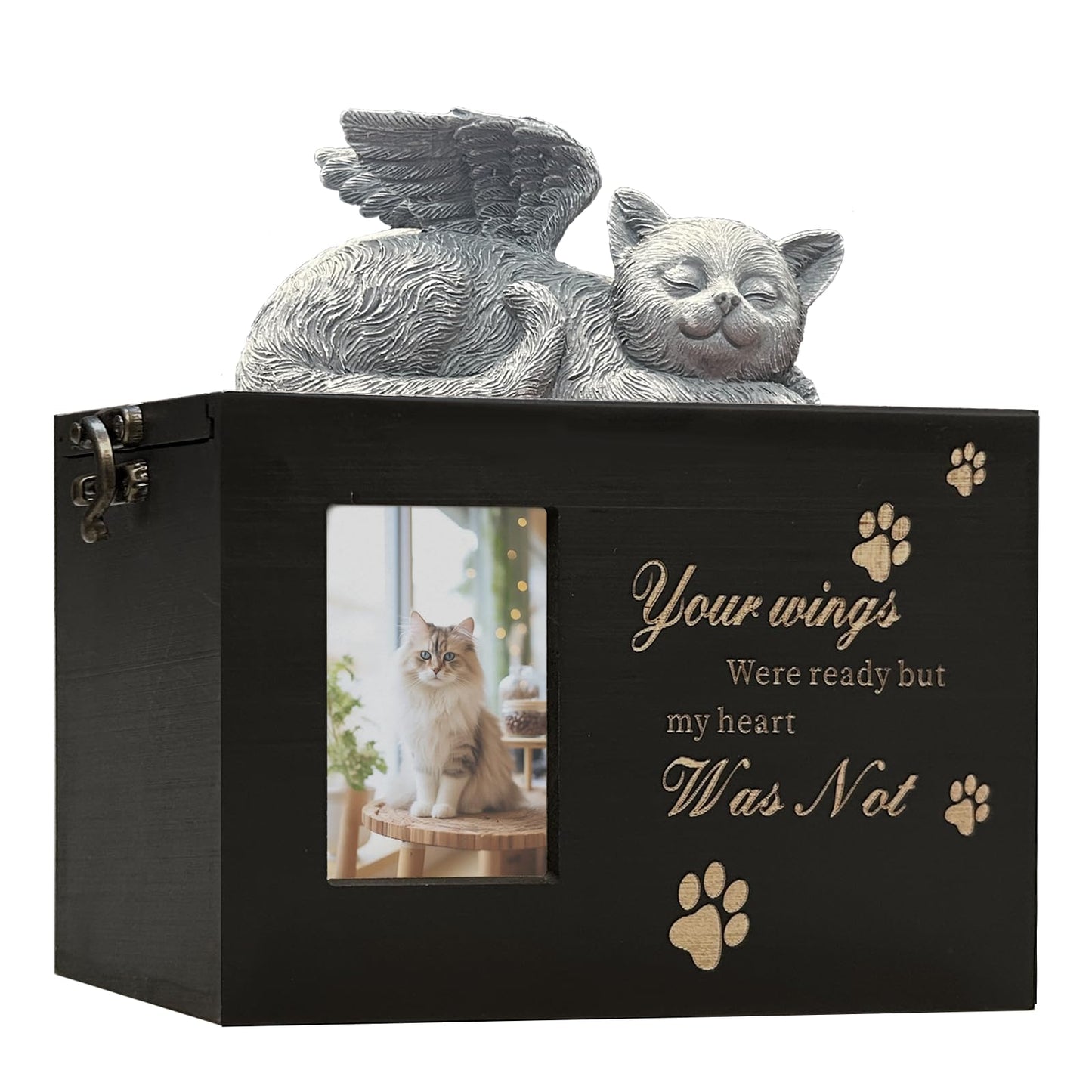 Solid Wood Pet Urn for Cat Ashes Box with Picture Black Funeral Cremation Box for Cat Wooden Keepsake with Black Flannel Lining for Loss of Cat or Dog Remembrance Gift (Cat Urn-Red Brown, Medium)
