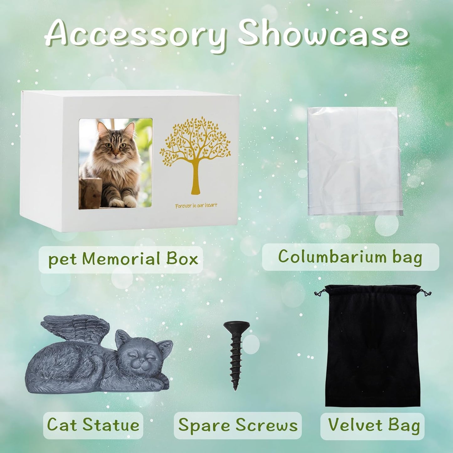 Cat Urns for Ashes, Tree Pattern Wooden Keepsake with Photo Frame, Pet Urn Memory Box with Resin Animal Statue and Sealed Storage Bags (75lbs)(White)