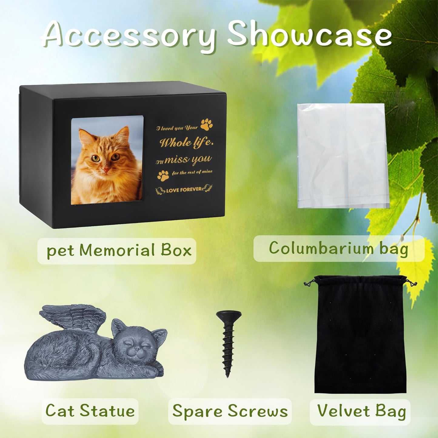 Pet Urn for Cat Ashe, Black Wooden Keepsake for Hair, Memory Box with Resin Animal Statue and Sealed Storage Bags (75lbs)