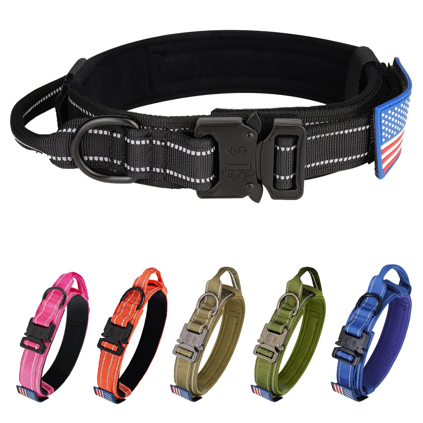 Tactical Dog Collar - KCUCOP Military Collar with Handle - K9 Thick Adjustable Heavy Duty Dog Collars for Medium and Large Dogs(Black-L)