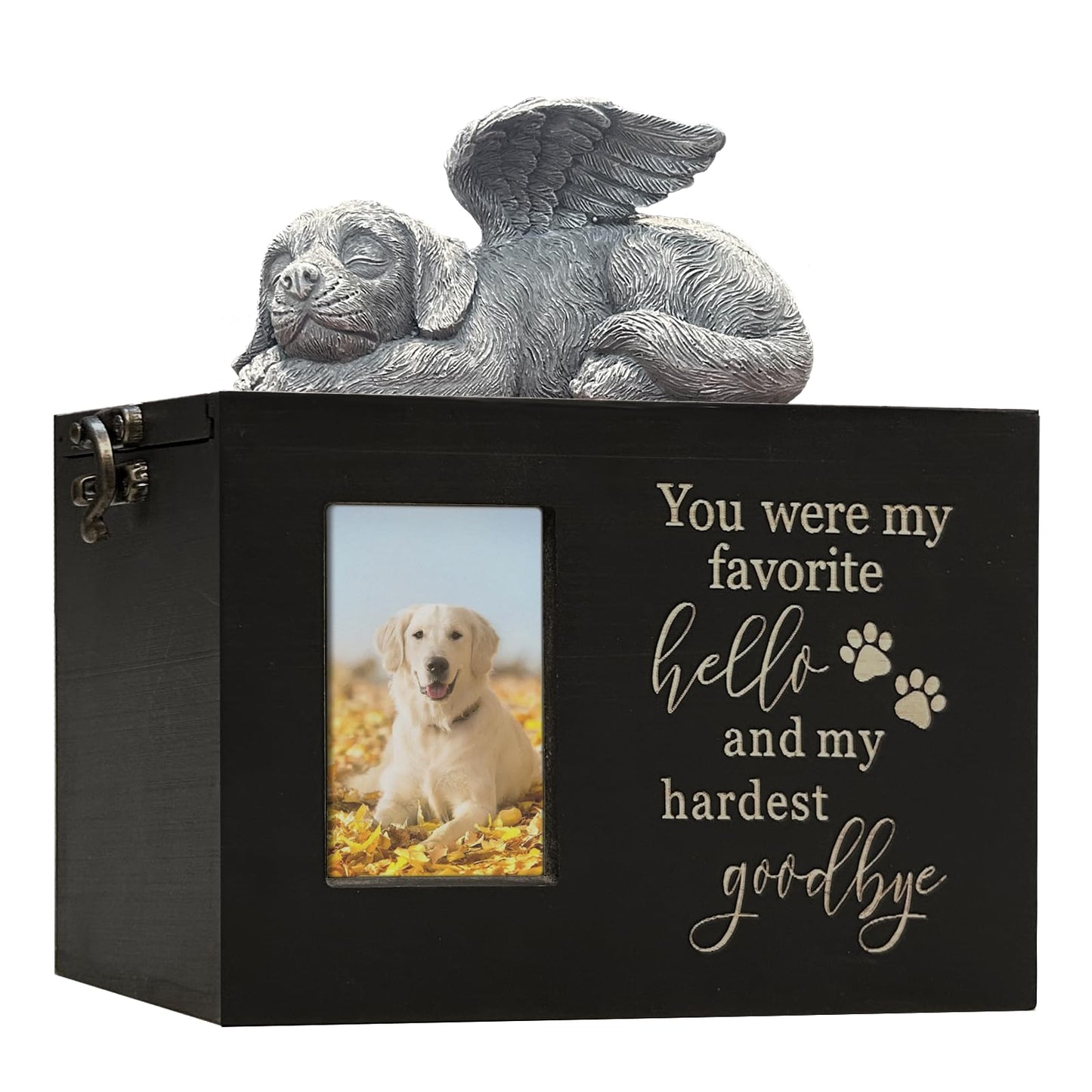 Solid Wood Pet Urn for Cat Ashes Box with Picture Black Funeral Cremation Box for Cat Wooden Keepsake with Black Flannel Lining for Loss of Cat or Dog Remembrance Gift (Cat Urn-Red Brown, Medium)