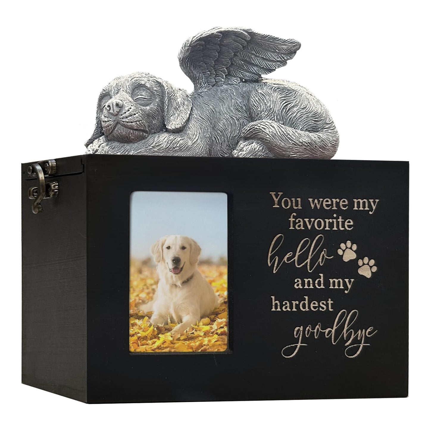 Solid Wood Pet Urn for Cat Ashes Box with Picture Black Funeral Cremation Box for Cat Wooden Keepsake with Black Flannel Lining for Loss of Cat or Dog Remembrance Gift (Cat Urn-Red Brown, Medium)