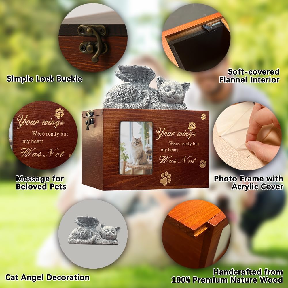 Solid Wood Pet Urn for Cat Ashes Box with Picture Black Funeral Cremation Box for Cat Wooden Keepsake with Black Flannel Lining for Loss of Cat or Dog Remembrance Gift (Cat Urn-Red Brown, Medium)