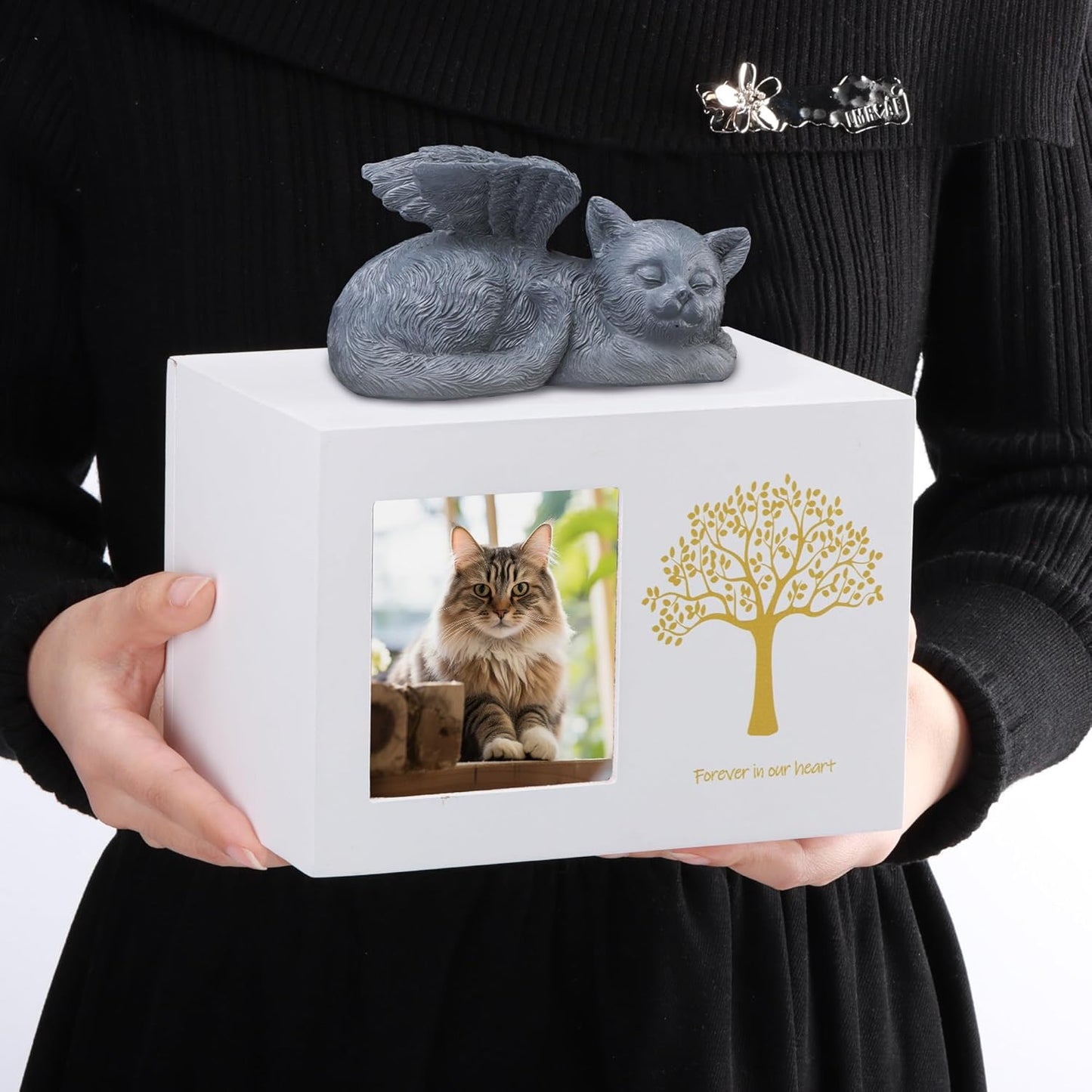 Cat Urns for Ashes, Tree Pattern Wooden Keepsake with Photo Frame, Pet Urn Memory Box with Resin Animal Statue and Sealed Storage Bags (75lbs)(White)