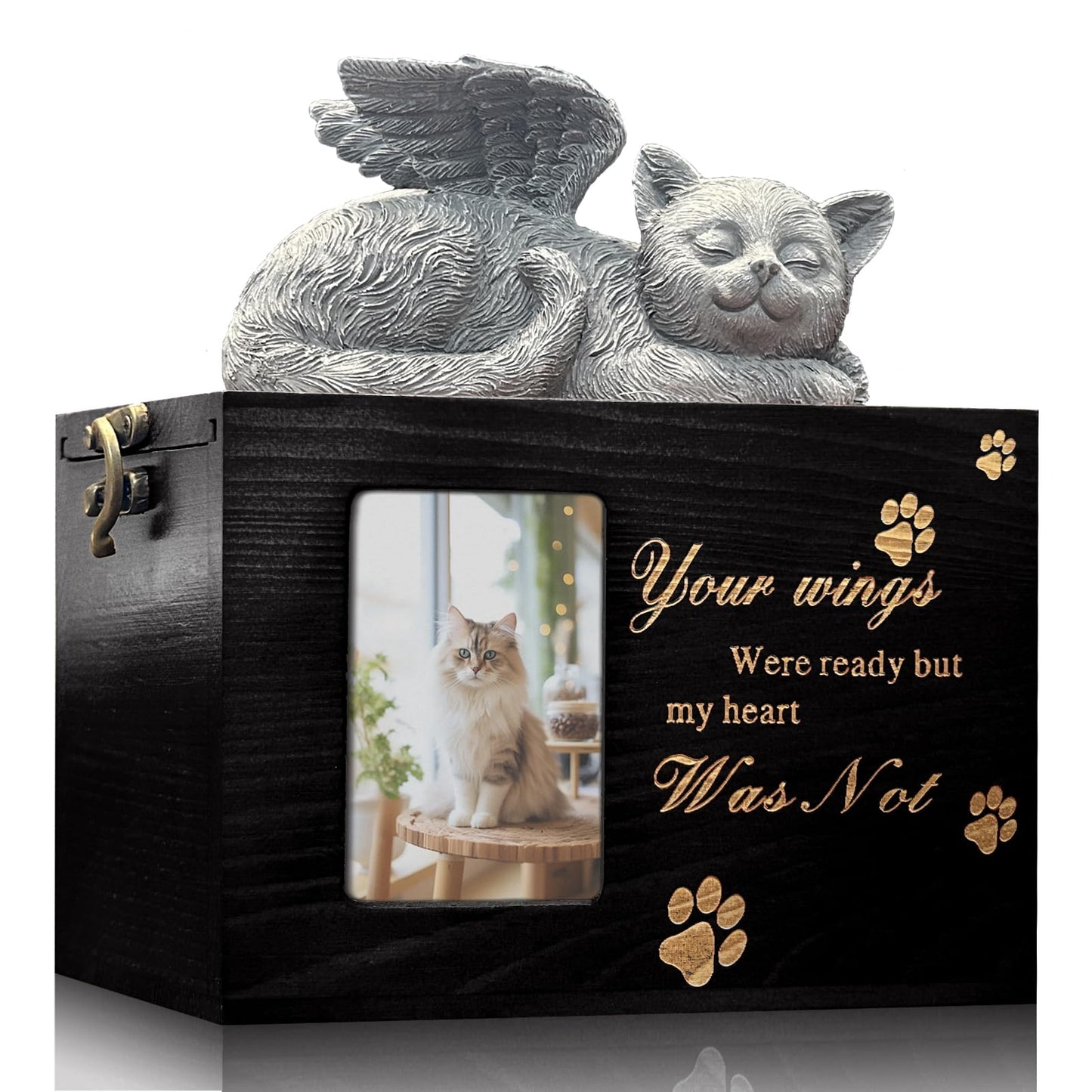 Solid Wood Pet Urn for Cat Ashes Box with Picture Black Funeral Cremation Box for Cat Wooden Keepsake with Black Flannel Lining for Loss of Cat or Dog Remembrance Gift (Cat Urn-Red Brown, Medium)