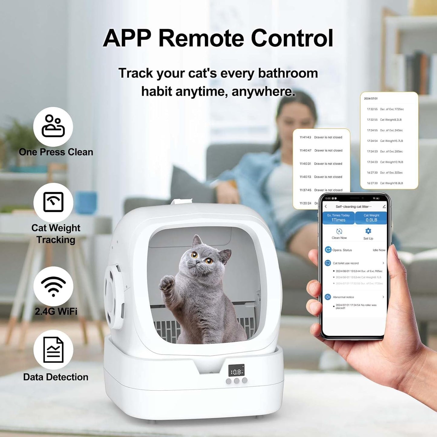 Automatic Cat Litter Box Self Cleaning - APP Control and Weight Monitoring - Ultra-Quiet, Medium Cats and Kittens Litter Box, Safe Anti-Pinch