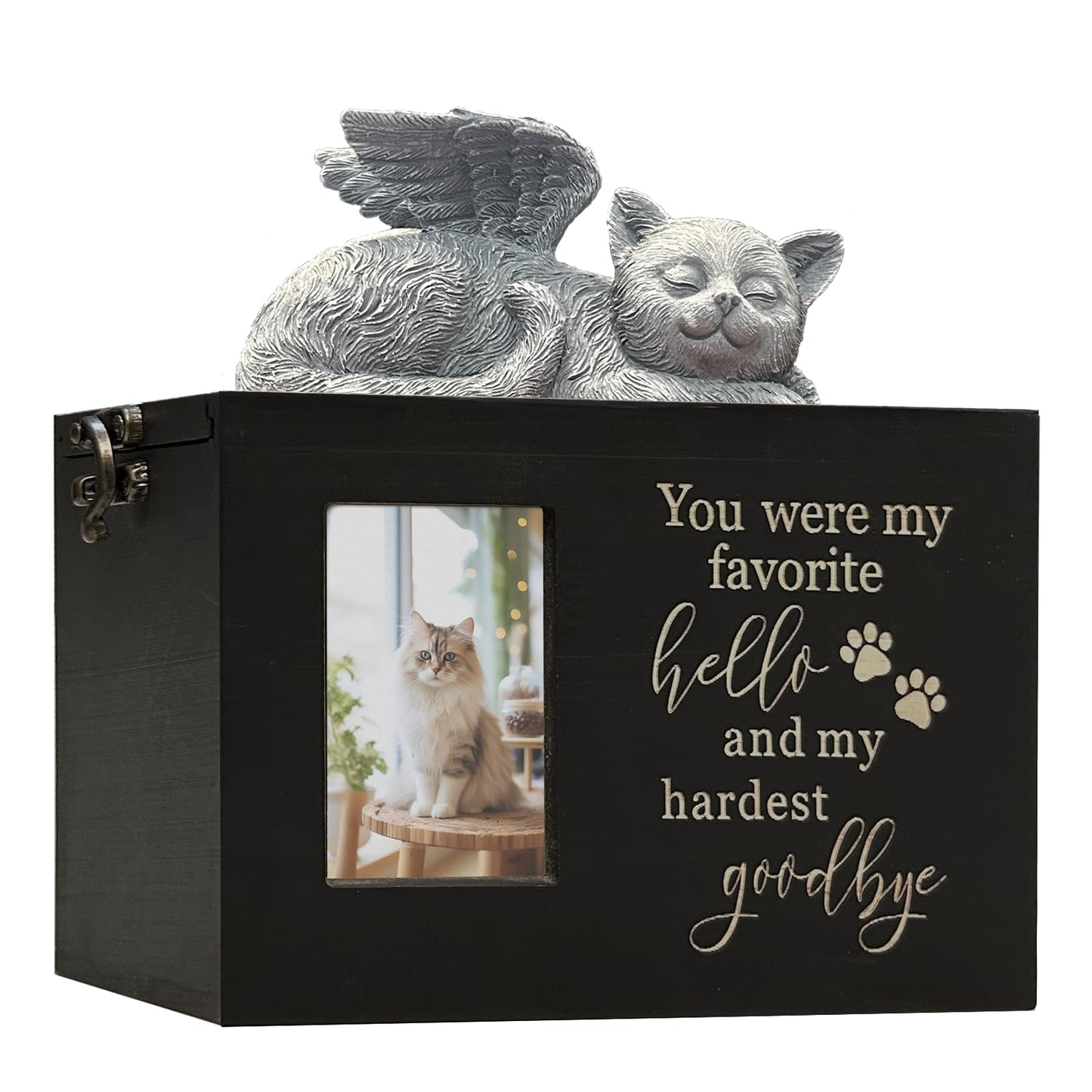 Solid Wood Pet Urn for Cat Ashes Box with Picture Black Funeral Cremation Box for Cat Wooden Keepsake with Black Flannel Lining for Loss of Cat or Dog Remembrance Gift (Cat Urn-Red Brown, Medium)