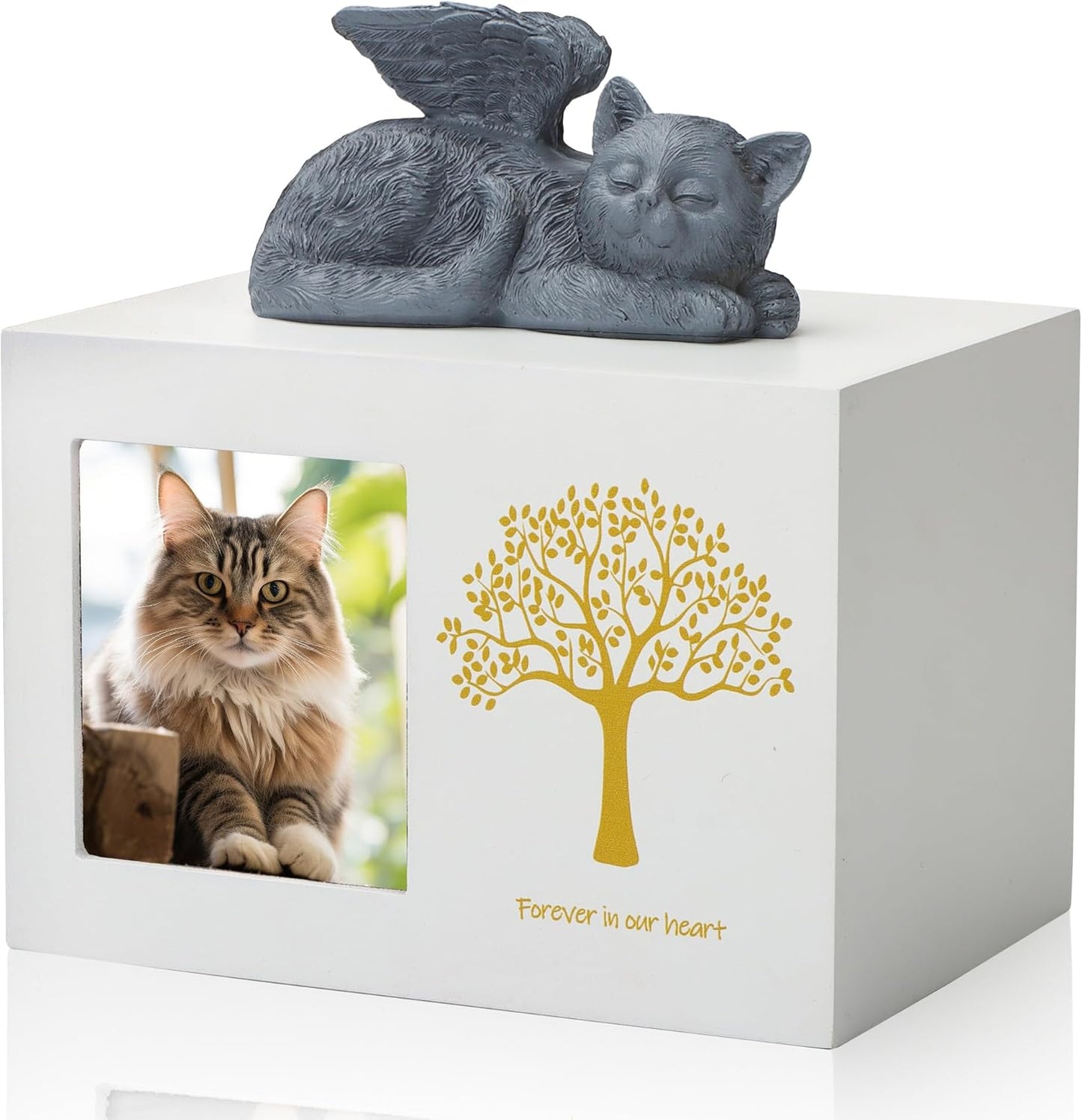 Cat Urns for Ashes, Tree Pattern Wooden Keepsake with Photo Frame, Pet Urn Memory Box with Resin Animal Statue and Sealed Storage Bags (75lbs)(White)