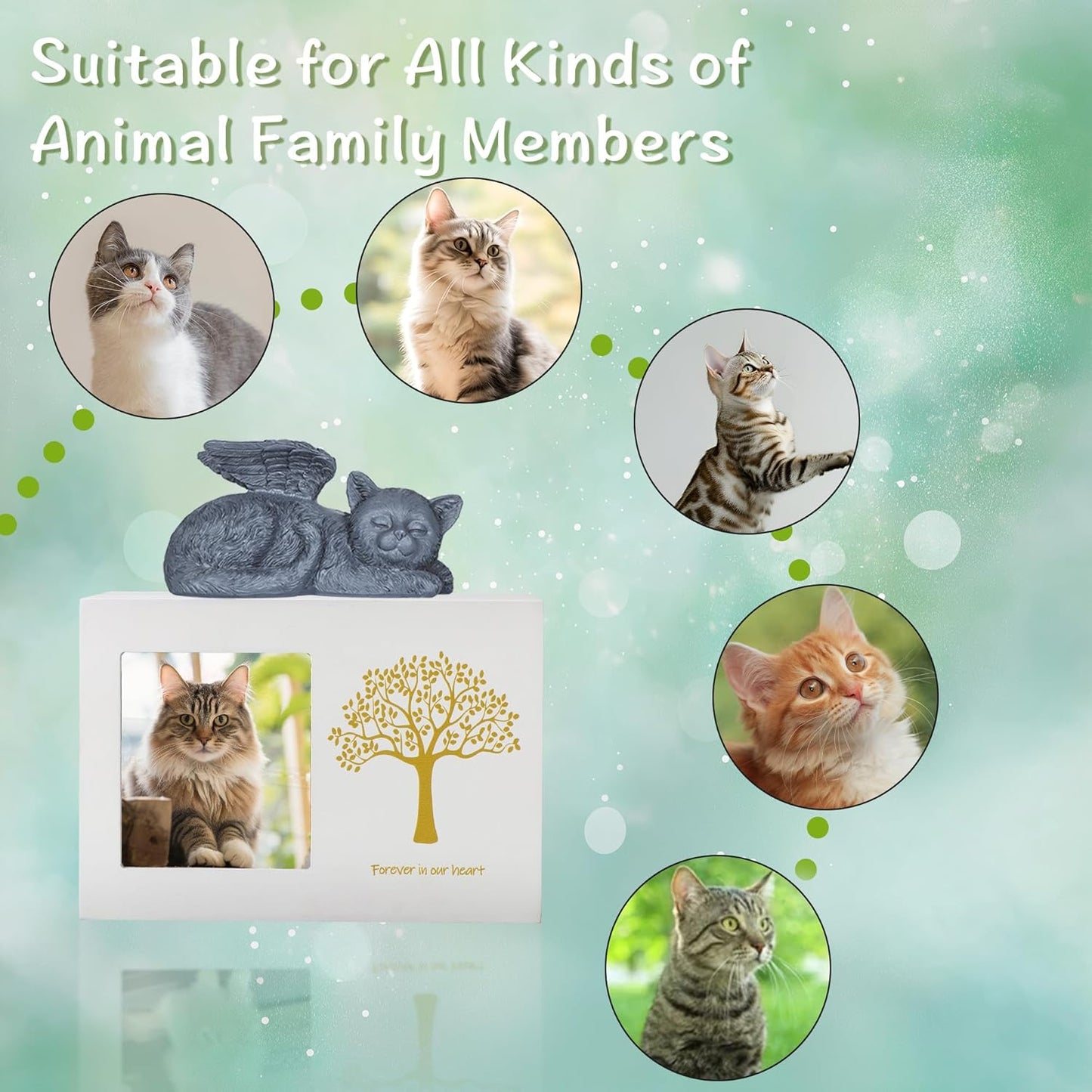 Cat Urns for Ashes, Tree Pattern Wooden Keepsake with Photo Frame, Pet Urn Memory Box with Resin Animal Statue and Sealed Storage Bags (75lbs)(White)