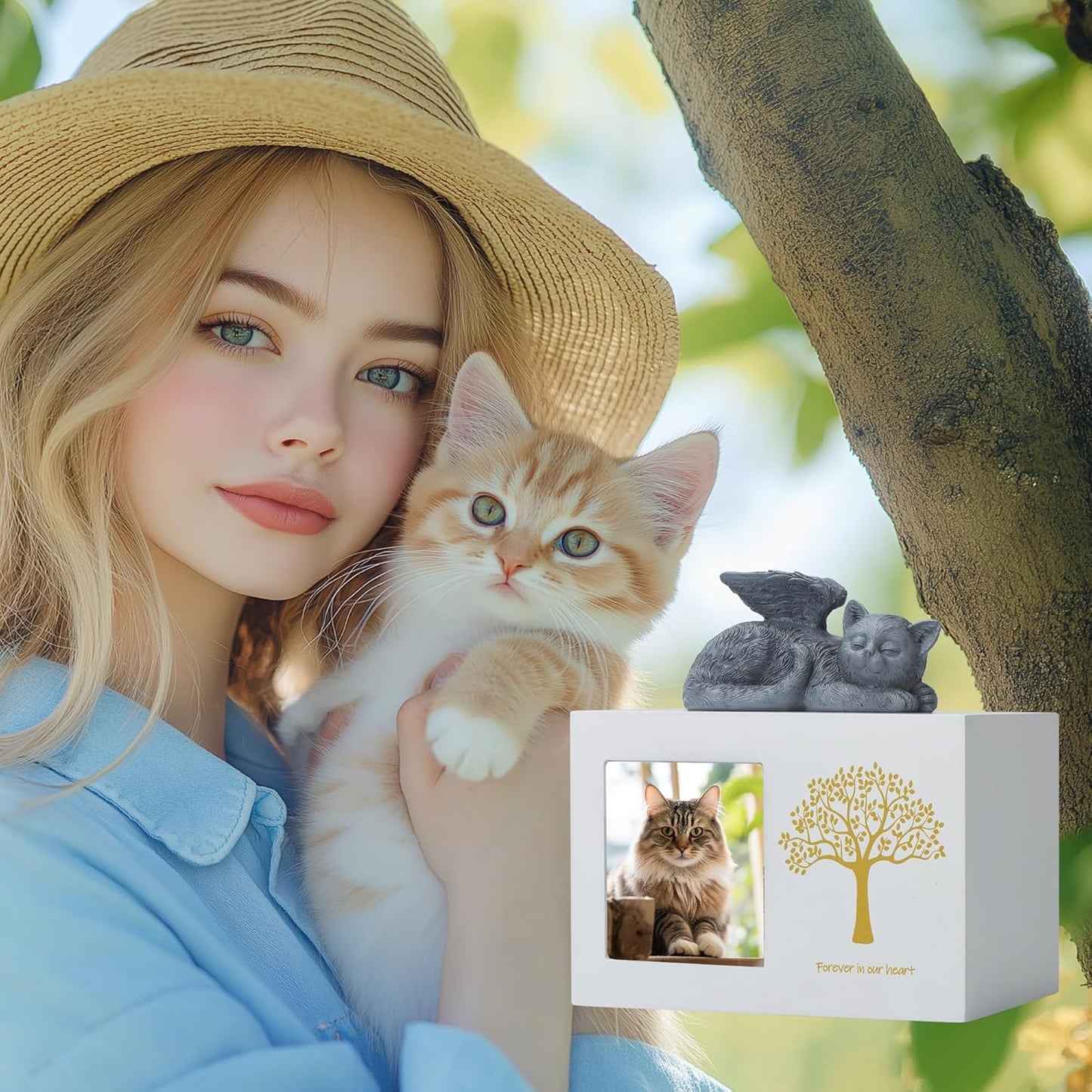 Cat Urns for Ashes, Tree Pattern Wooden Keepsake with Photo Frame, Pet Urn Memory Box with Resin Animal Statue and Sealed Storage Bags (75lbs)(White)