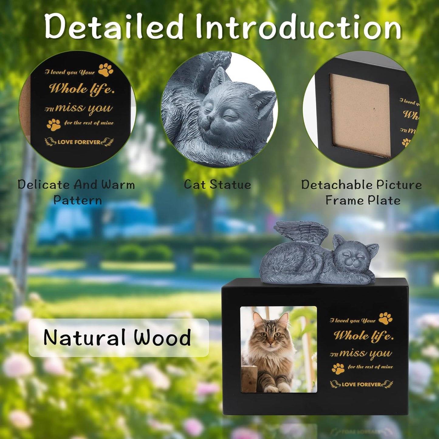 Pet Urn for Cat Ashe, Black Wooden Keepsake for Hair, Memory Box with Resin Animal Statue and Sealed Storage Bags (75lbs)