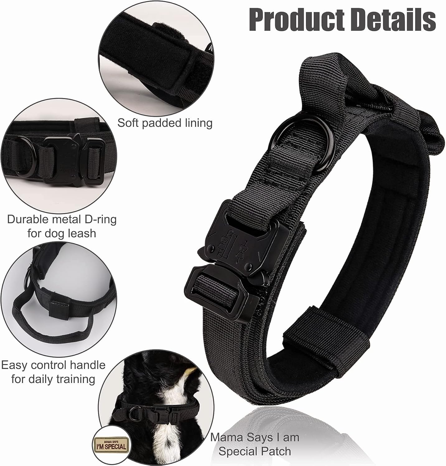 Tactical Dog Collar - KCUCOP Military Collar with Handle - K9 Thick Adjustable Heavy Duty Dog Collars for Medium and Large Dogs(Black-L)