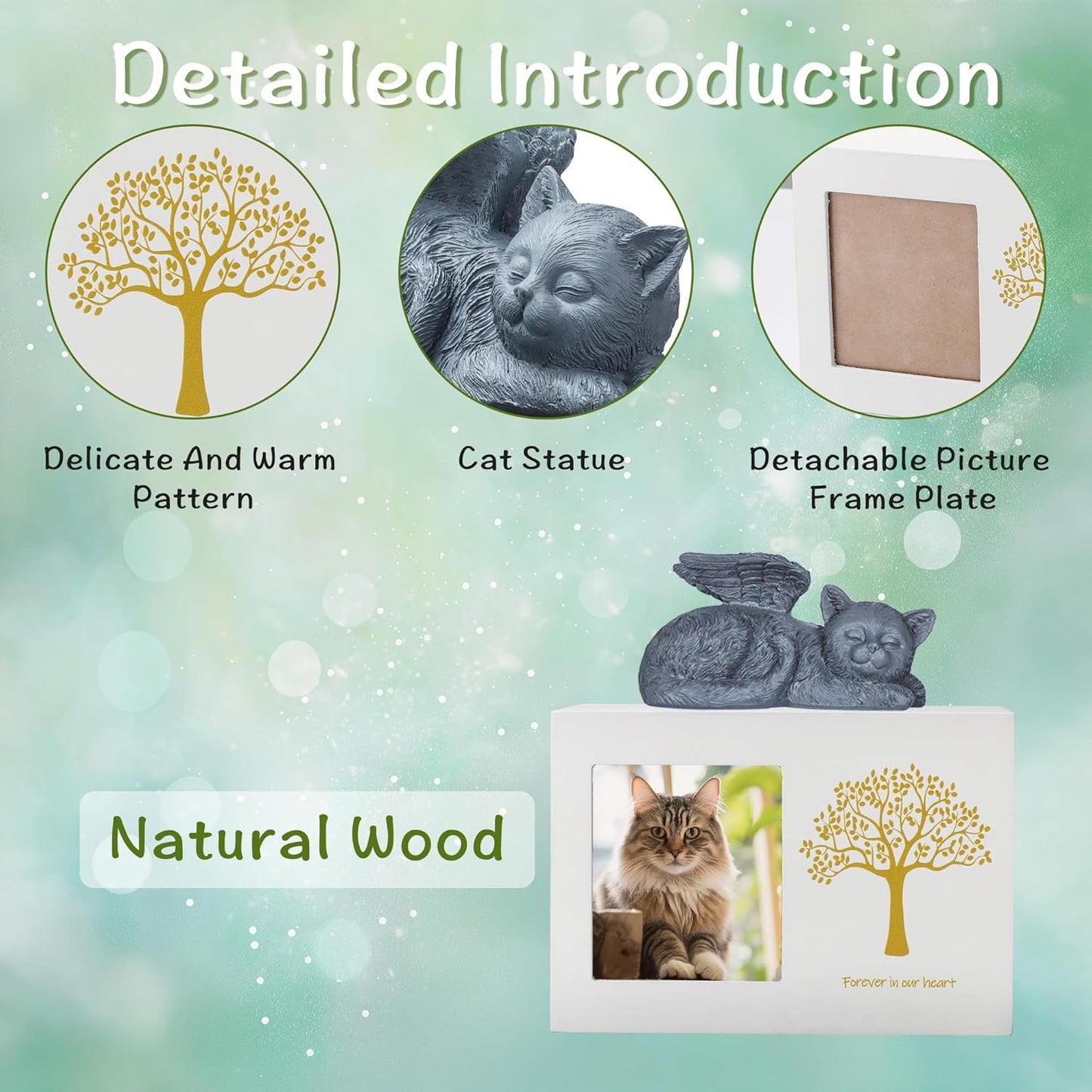 Cat Urns for Ashes, Tree Pattern Wooden Keepsake with Photo Frame, Pet Urn Memory Box with Resin Animal Statue and Sealed Storage Bags (75lbs)(White)
