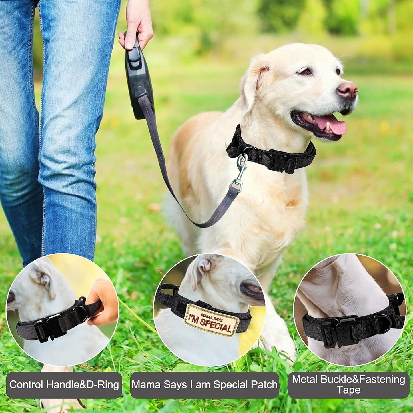 Tactical Dog Collar - KCUCOP Military Collar with Handle - K9 Thick Adjustable Heavy Duty Dog Collars for Medium and Large Dogs(Black-L)