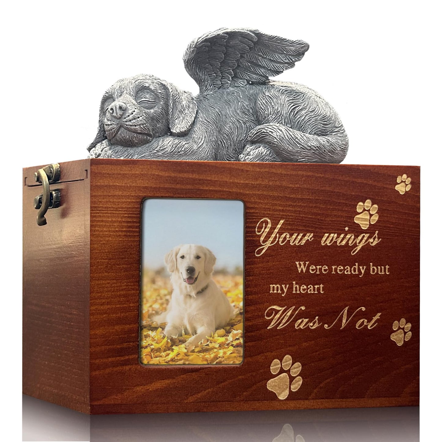 Solid Wood Pet Urn for Cat Ashes Box with Picture Black Funeral Cremation Box for Cat Wooden Keepsake with Black Flannel Lining for Loss of Cat or Dog Remembrance Gift (Cat Urn-Red Brown, Medium)