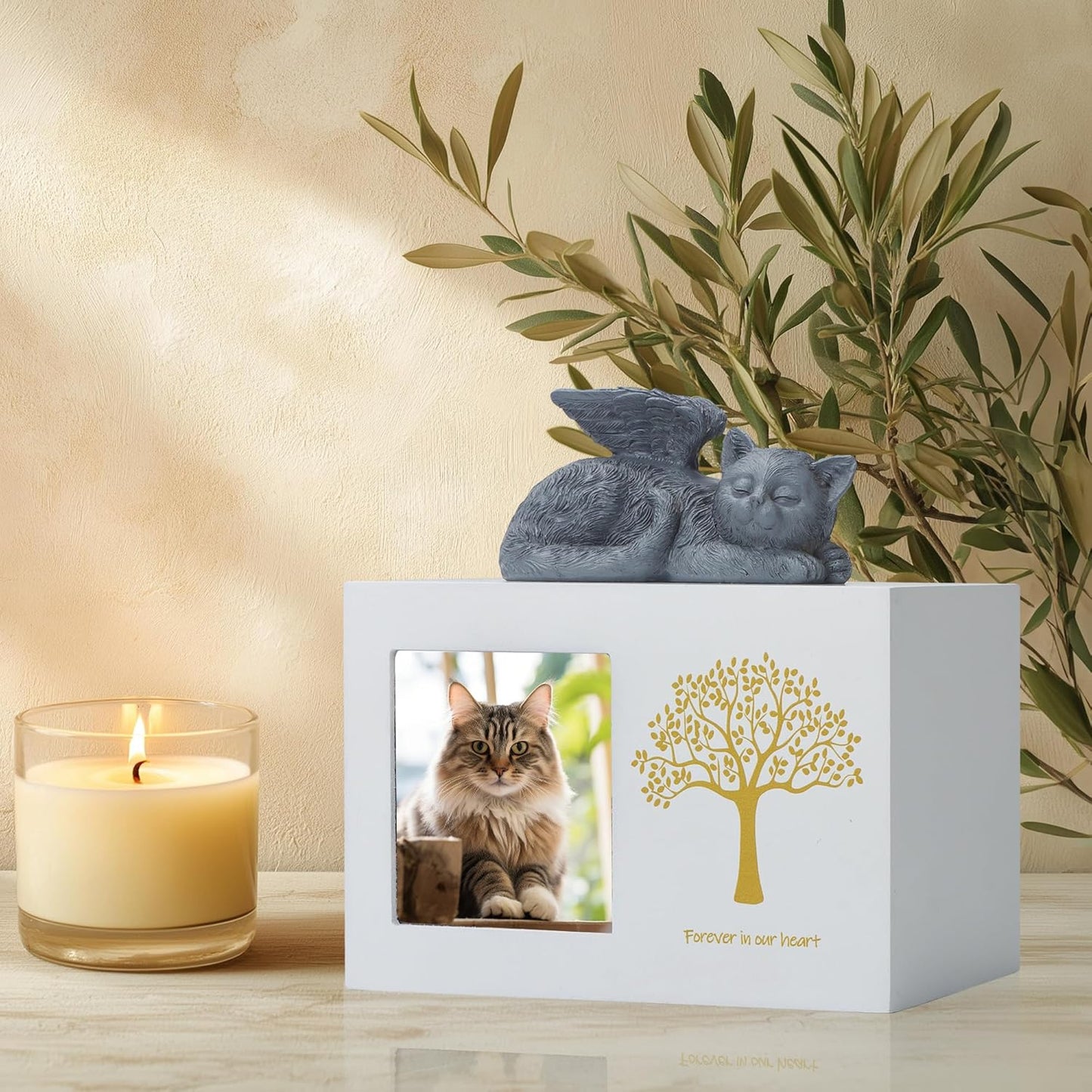 Cat Urns for Ashes, Tree Pattern Wooden Keepsake with Photo Frame, Pet Urn Memory Box with Resin Animal Statue and Sealed Storage Bags (75lbs)(White)
