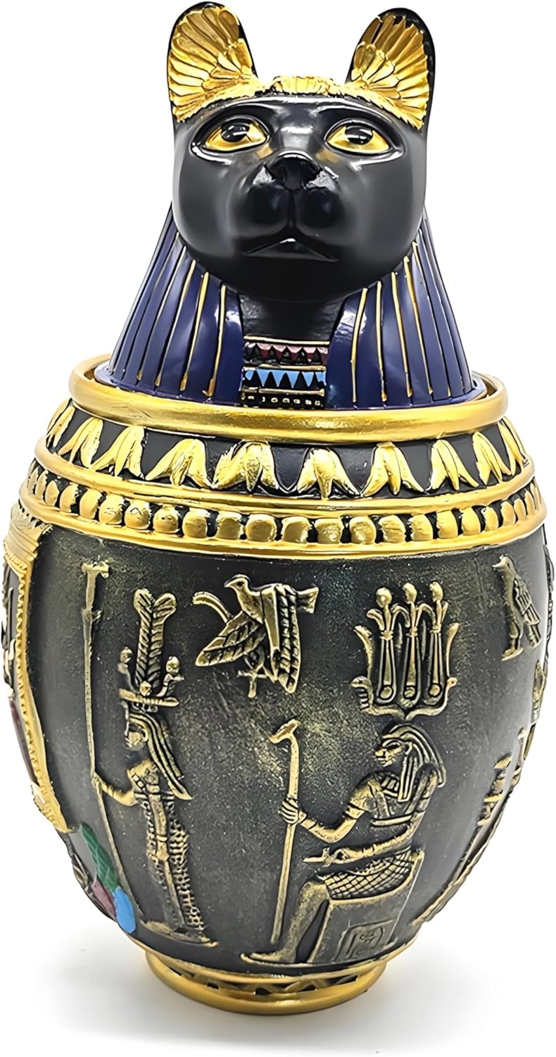 Handcrafted Egyptian Anubis Cat Pet Urns - Cremation Keepsake for Dog & Cat Ashes, Pet Loss Remembrance Gift with Hieroglyphic Design, Funeral Sympathy Resin Sculpture (Black & Gold)