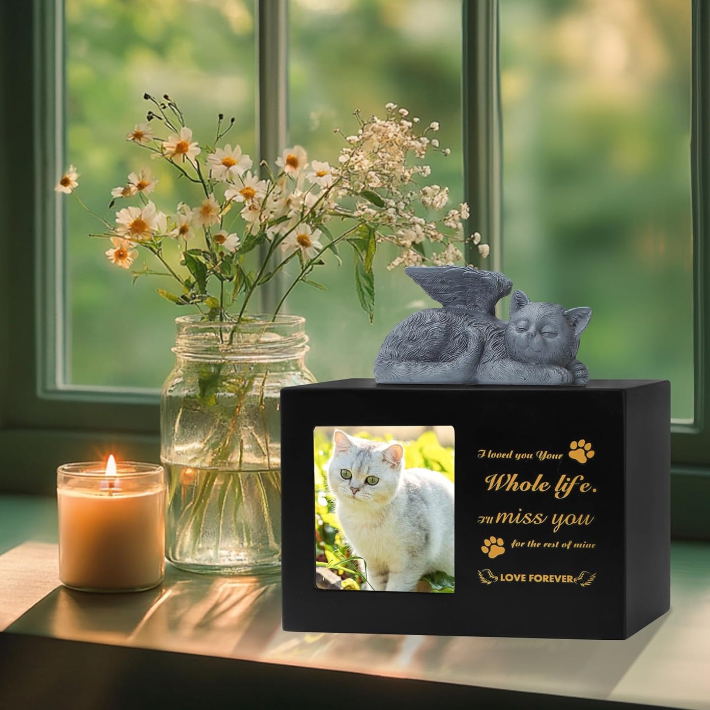 Pet Urn for Cat Ashe, Black Wooden Keepsake for Hair, Memory Box with Resin Animal Statue and Sealed Storage Bags (75lbs)
