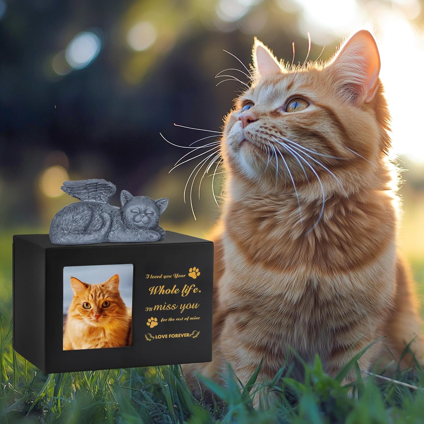 Pet Urn for Cat Ashe, Black Wooden Keepsake for Hair, Memory Box with Resin Animal Statue and Sealed Storage Bags (75lbs)
