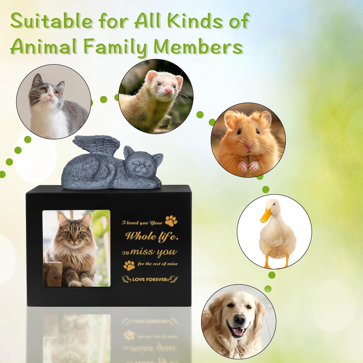 Pet Urn for Cat Ashe, Black Wooden Keepsake for Hair, Memory Box with Resin Animal Statue and Sealed Storage Bags (75lbs)