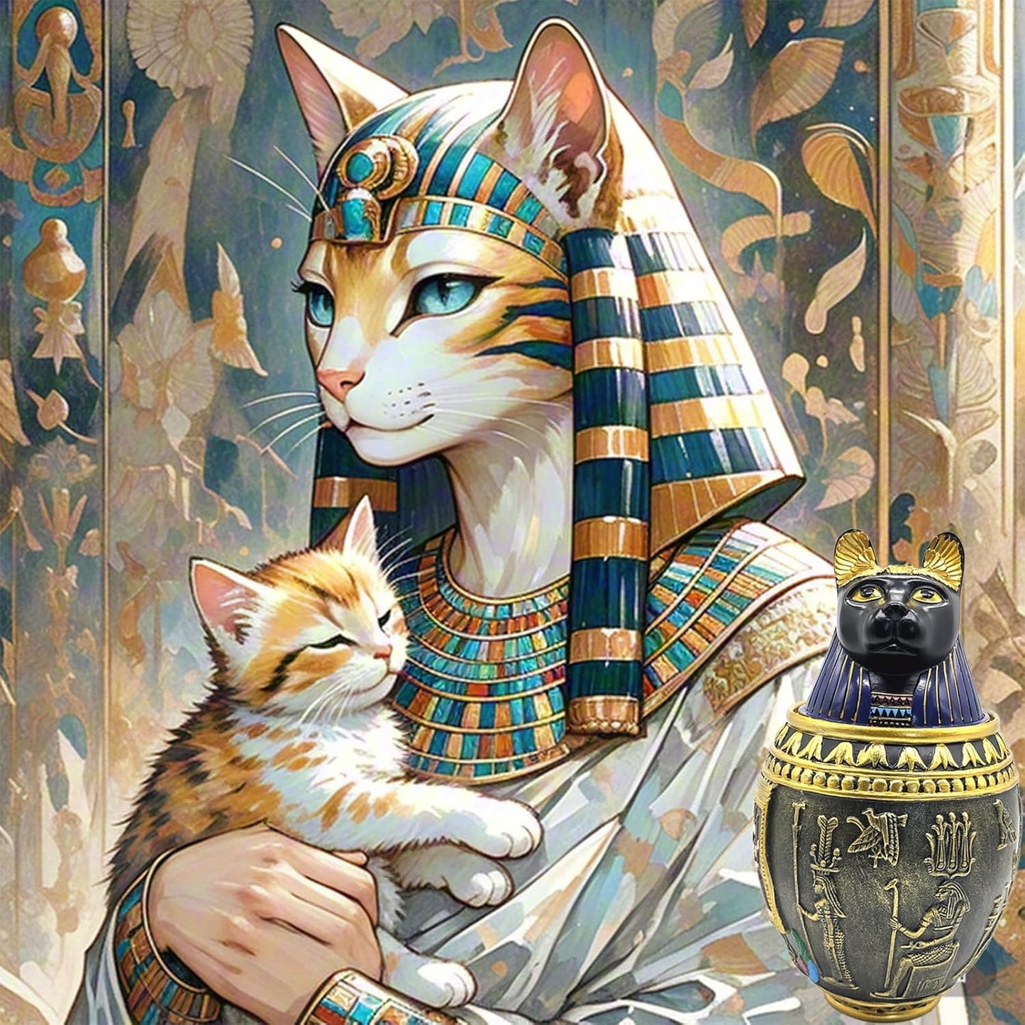 Handcrafted Egyptian Anubis Cat Pet Urns - Cremation Keepsake for Dog & Cat Ashes, Pet Loss Remembrance Gift with Hieroglyphic Design, Funeral Sympathy Resin Sculpture (Black & Gold)