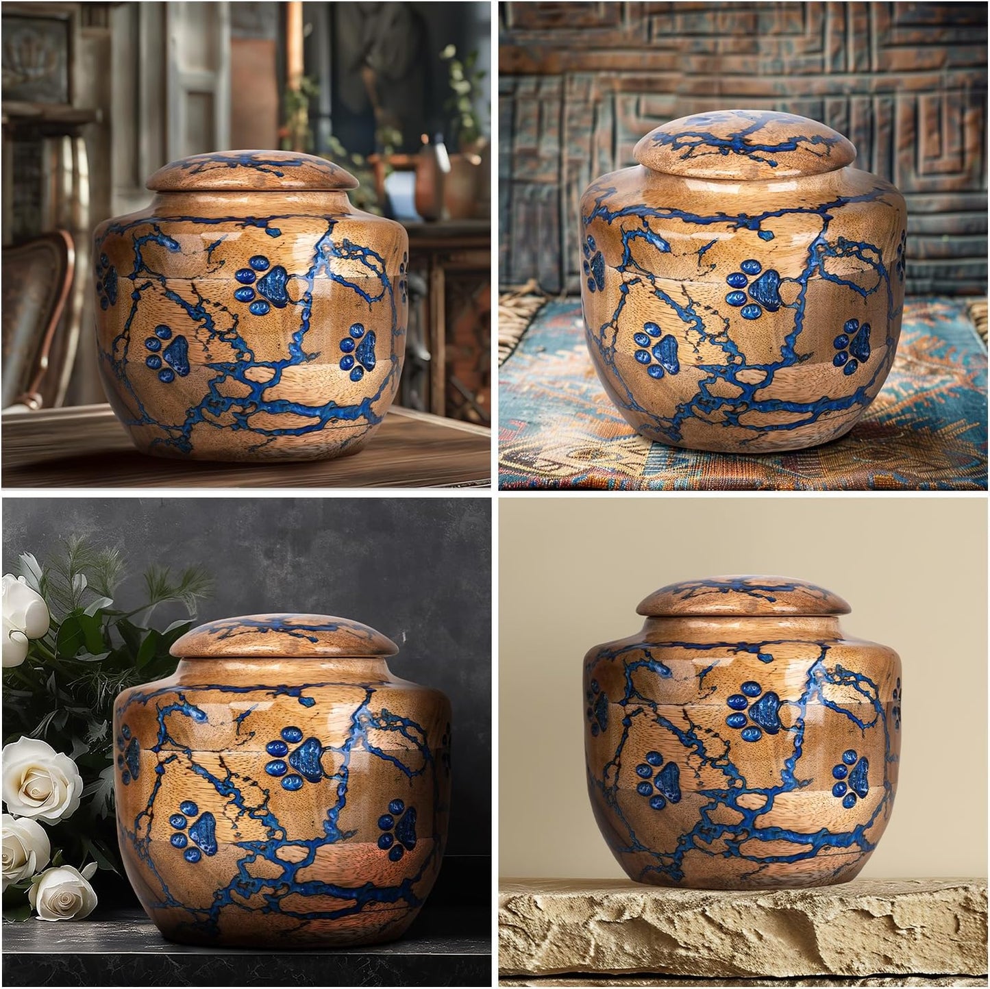 Wood Pet Urns for Dog/Cat Ashes - Small 10 Cu/in Resin Decorative Urn for Ashes for Dog, Urns for Cats - Pet Memorial Remembrance Box - Blue, Small (10 Cubic inches)