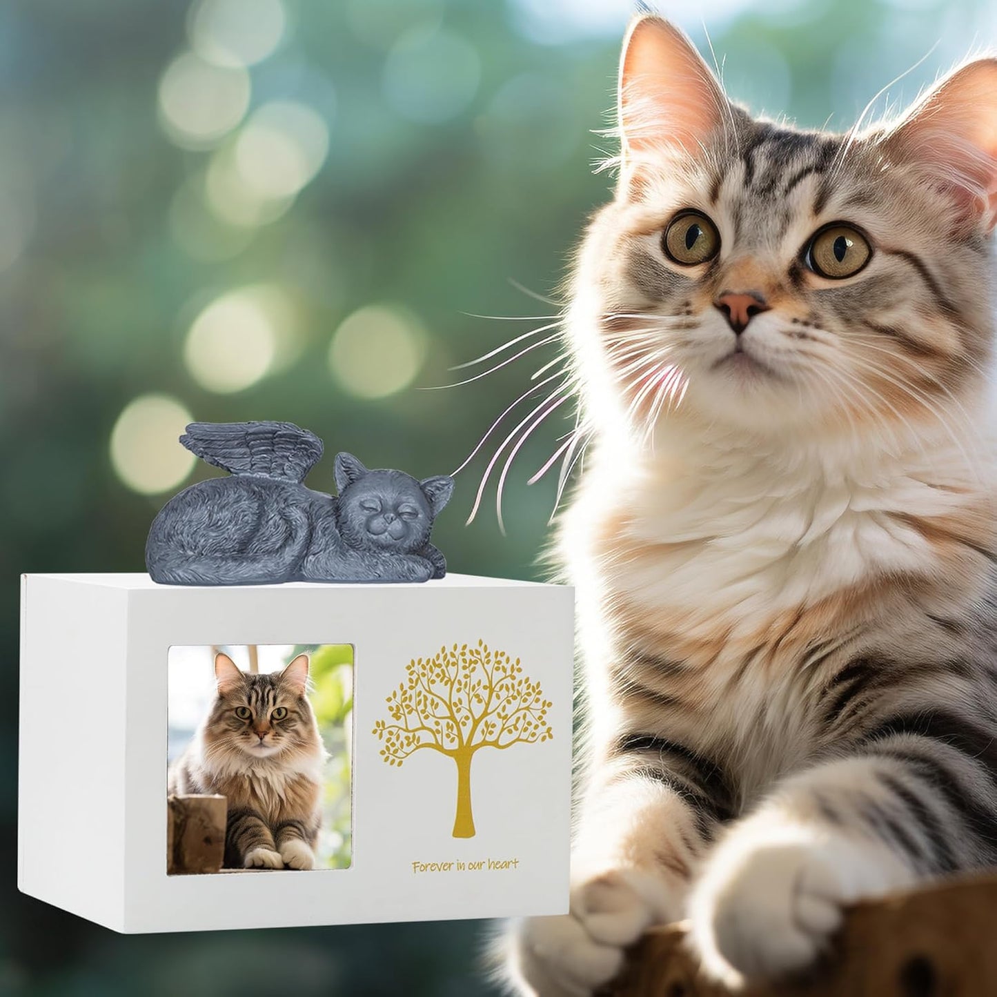 Cat Urns for Ashes, Tree Pattern Wooden Keepsake with Photo Frame, Pet Urn Memory Box with Resin Animal Statue and Sealed Storage Bags (75lbs)(White)