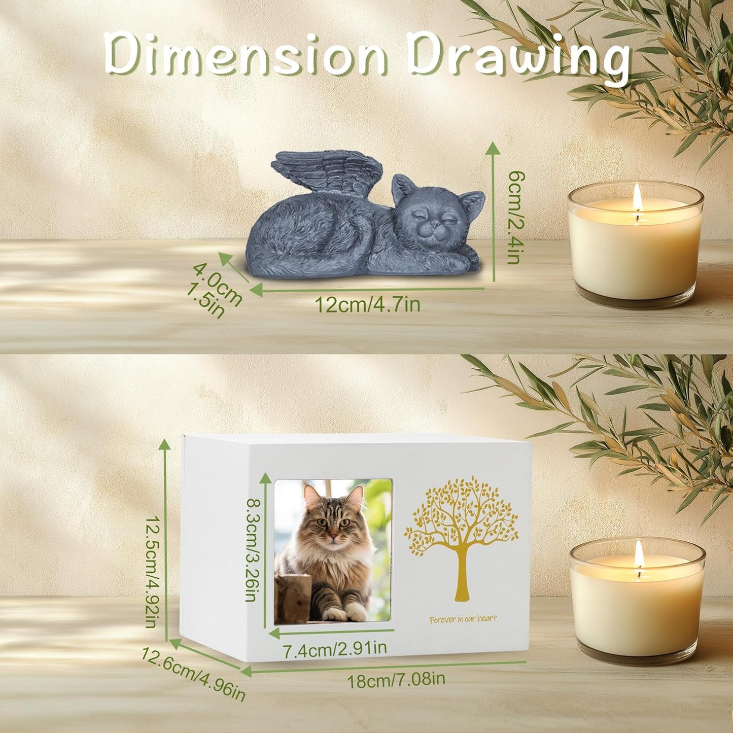 Cat Urns for Ashes, Tree Pattern Wooden Keepsake with Photo Frame, Pet Urn Memory Box with Resin Animal Statue and Sealed Storage Bags (75lbs)(White)