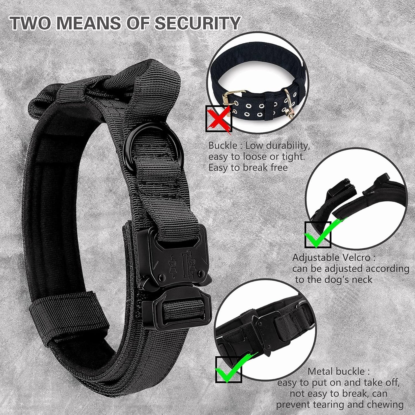 Tactical Dog Collar - KCUCOP Military Collar with Handle - K9 Thick Adjustable Heavy Duty Dog Collars for Medium and Large Dogs(Black-L)