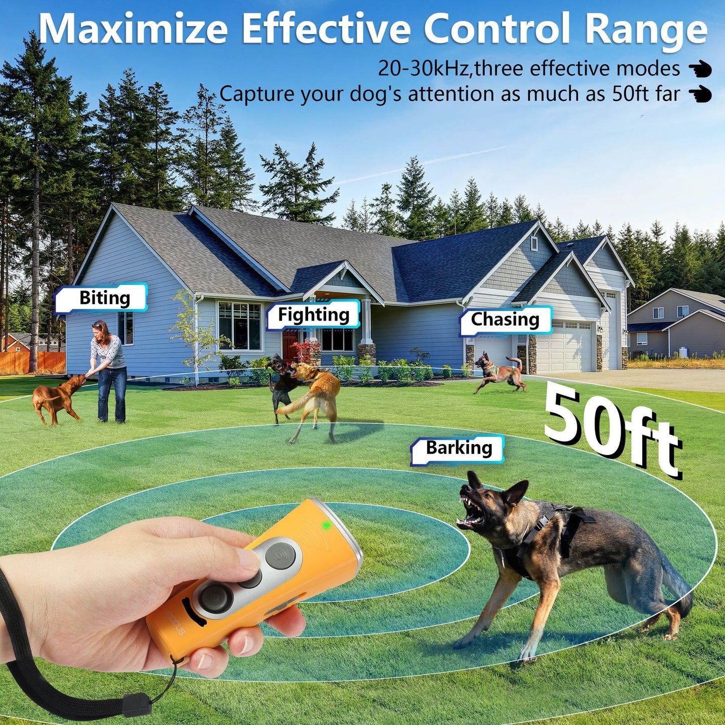 Yellow Ultrasonic Dog Barking Control Device - Dual Frequency Anti-Bark Trainer with IP65 Waterproof (11.8x48.5x44mm)