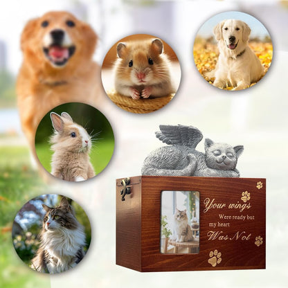 Solid Wood Pet Urn for Cat Ashes Box with Picture Black Funeral Cremation Box for Cat Wooden Keepsake with Black Flannel Lining for Loss of Cat or Dog Remembrance Gift (Cat Urn-Red Brown, Medium)