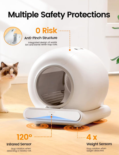 Self Cleaning Cat Litter Box, Ultra-Safe Protection Automatic Cat Litter Box, APP Control/Lower Entry/Large Capacity with 3 Rolls Liners & Mat