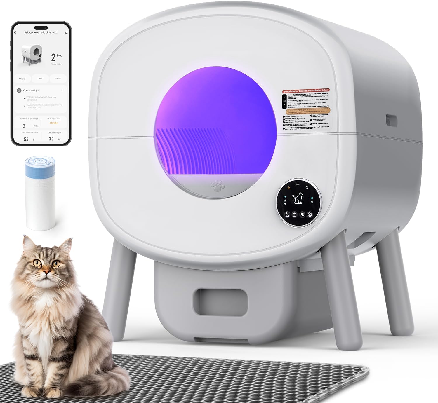 Self Cleaning Cat Litter Box: 76L Extra Large Automatic Litter Box for Multiple Cats, Odor-Free, Smart App Control, Ambient Light Waste Disposal