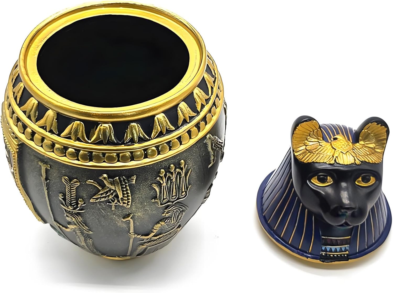 Handcrafted Egyptian Anubis Cat Pet Urns - Cremation Keepsake for Dog & Cat Ashes, Pet Loss Remembrance Gift with Hieroglyphic Design, Funeral Sympathy Resin Sculpture (Black & Gold)