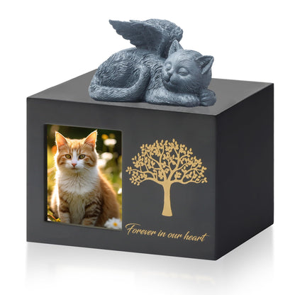 Cat Urns for Ashes, Tree Pattern Wooden Keepsake with Photo Frame, Pet Urn Memory Box with Resin Animal Statue and Sealed Storage Bags (75lbs)（White）