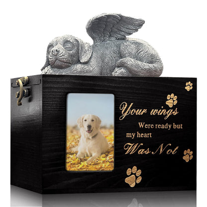 Solid Wood Pet Urn for Cat Ashes Box with Picture Black Funeral Cremation Box for Cat Wooden Keepsake with Black Flannel Lining for Loss of Cat or Dog Remembrance Gift (Cat Urn-Red Brown, Medium)
